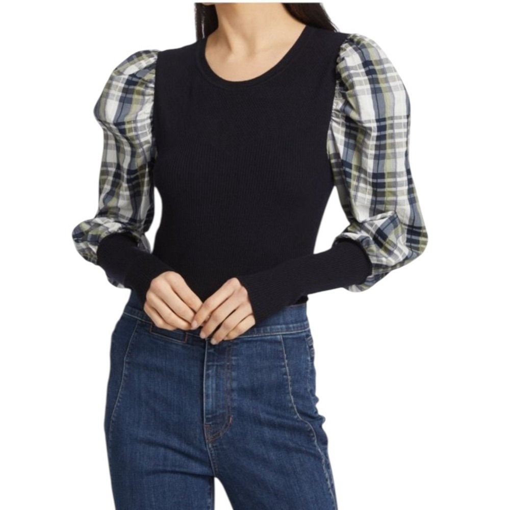 NWT VERONICA BEARD Leila Wool Rib-Knit & Plaid Sweater Dark Navy Size XL